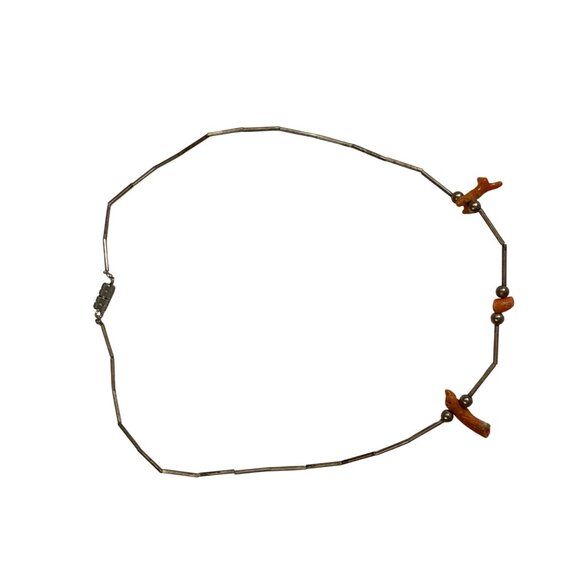 Vintage 1970s Coral Bead Necklace Silver Tube Native Style 16" Retro - Picture 4 of 6